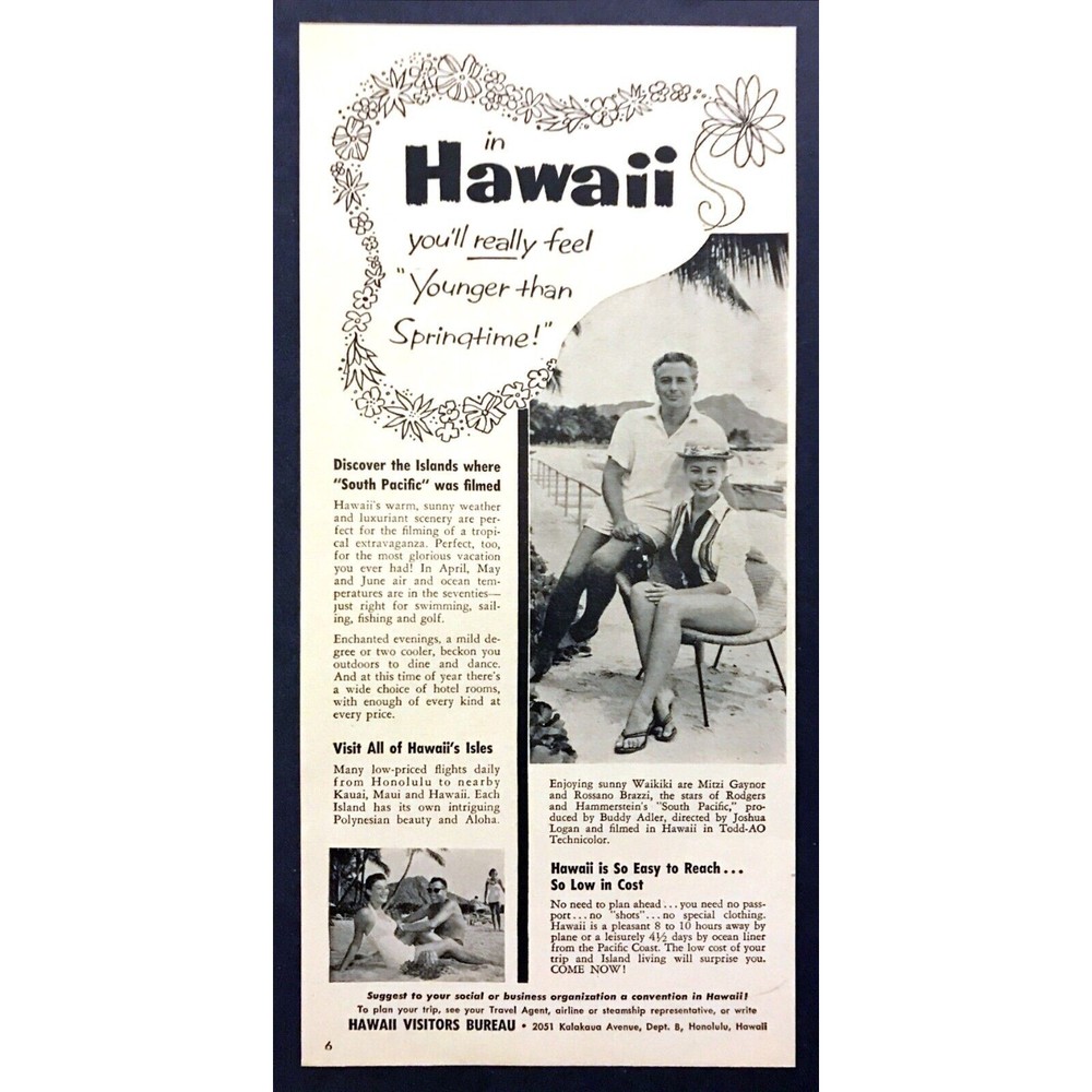 1958 Mitzi Gaynor Rossano Brazzi photo "South Pacific" Hawaii Tourism print ad